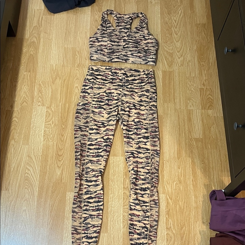 Fabletics High-Waist Leggings & Racerback Sports Bra Set - Beige/Pink Print
